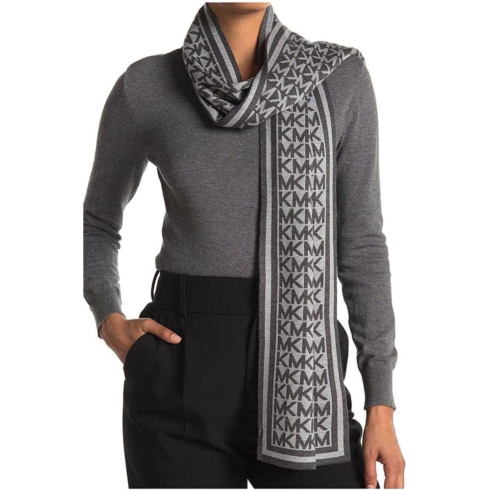 Michael Kors Bordered MK Logo Print Muffler Scarf – Pearl Heather, Acrylic Knit
